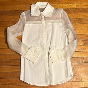Anne Fontaine White Sheer-Sleeve Ruffled Collar Blouse